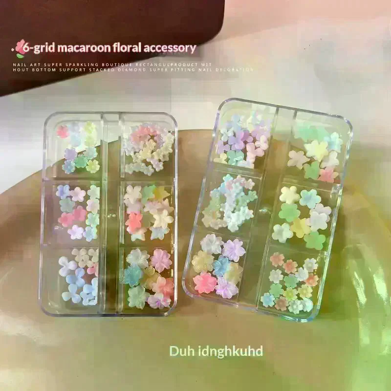 Cute 3D Pastel Macaron Flower Nail Art Charms With 6 Grid Storage Box Perfect For DIY Nail Design Home Salon Use