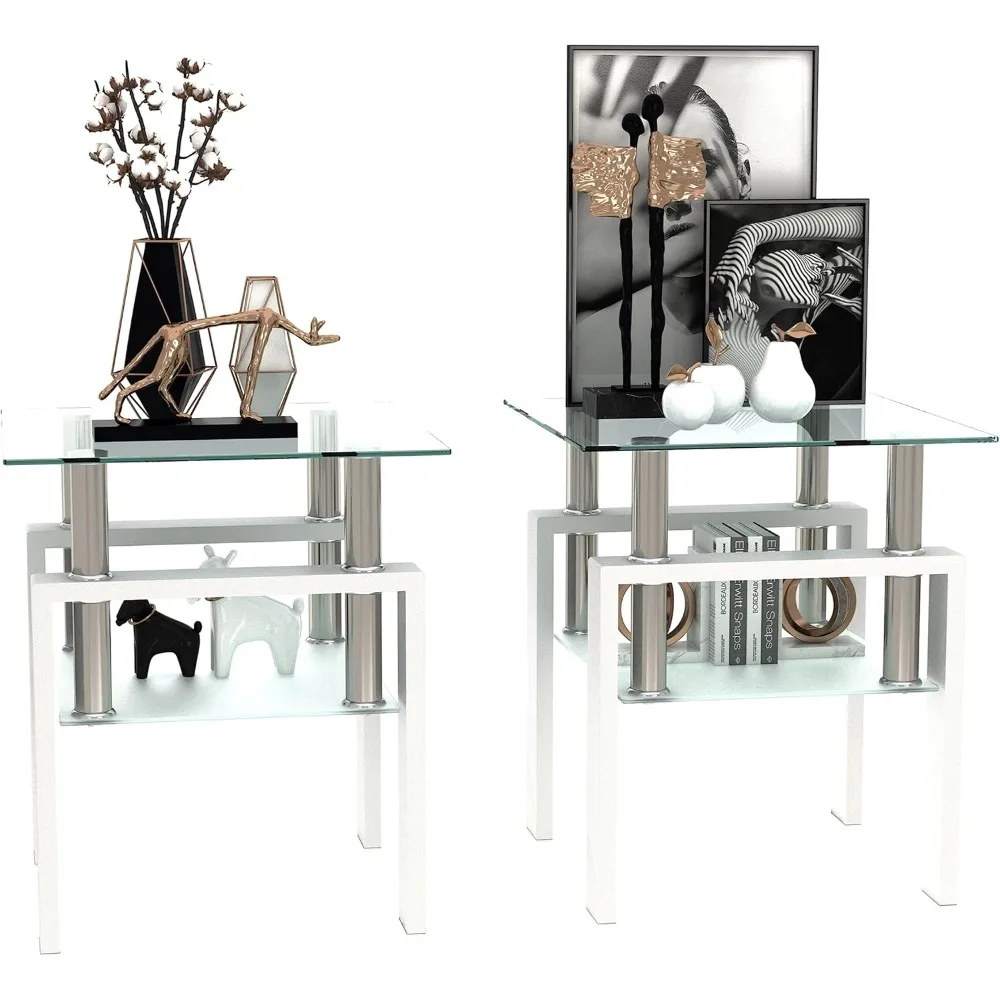 طقم طاولة غرفة المعيشة الزجاجية المكونة من 3 قطع: طاولات القهوة والنهاية مع الزجاج المقسى