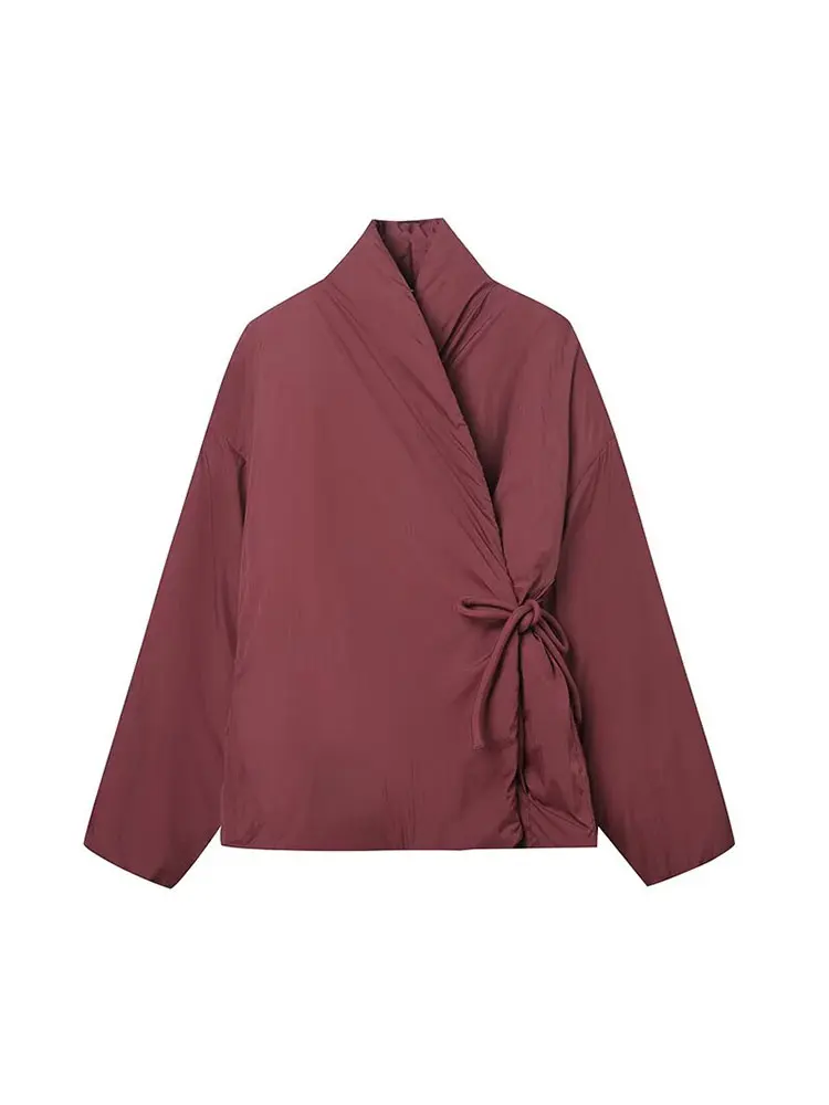 NLZGMSJ Autunno Inverno Casual Cappotto con lacci Donna Cotone con scollo a V Tasca Giacche spesse Donna Chic Street Casual Outwear Top ﻿