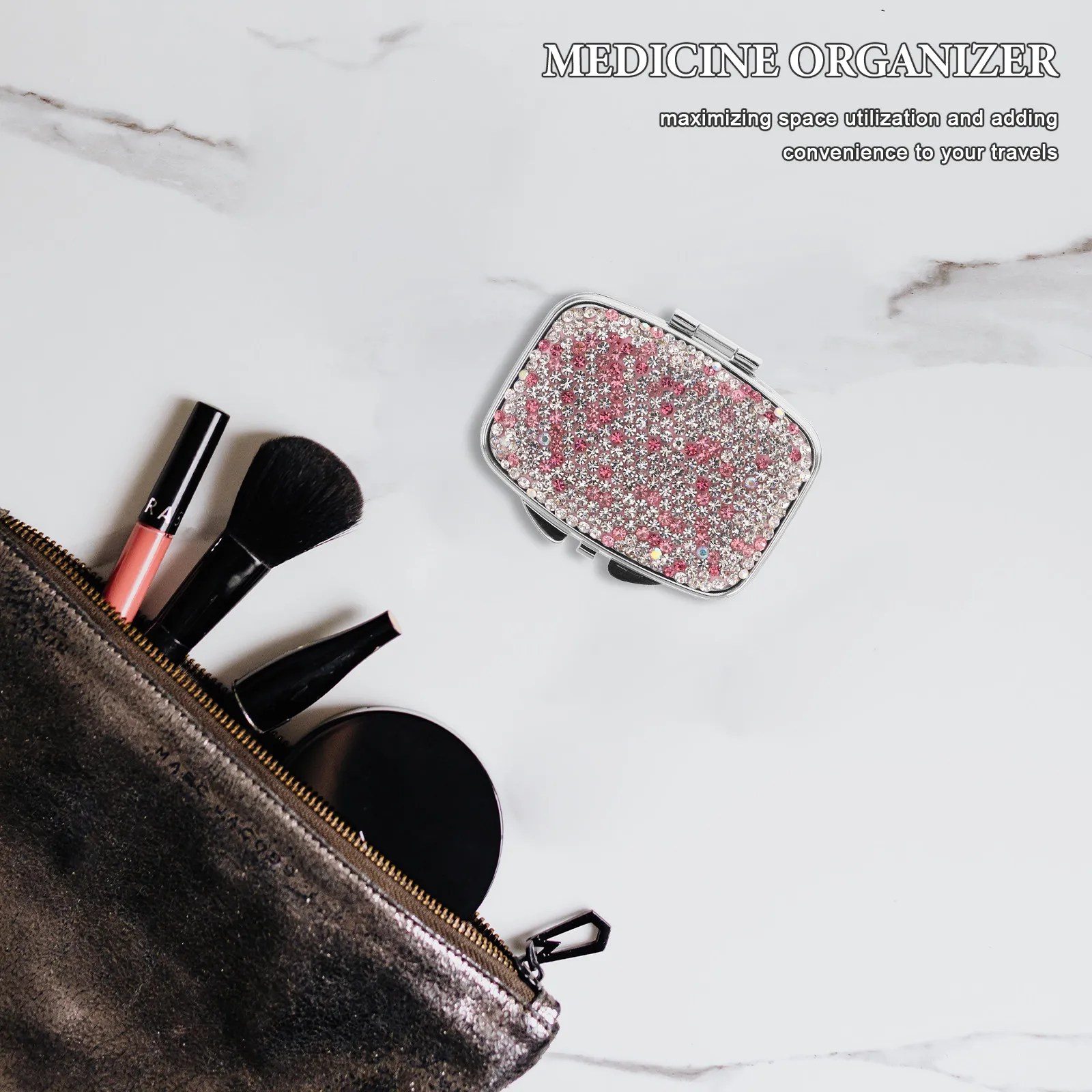 Mini Travel Pill Organizer Rhinestone Adorned Compact Lightweight Pocket Medicine Holder Daily Supplement Organizer Small