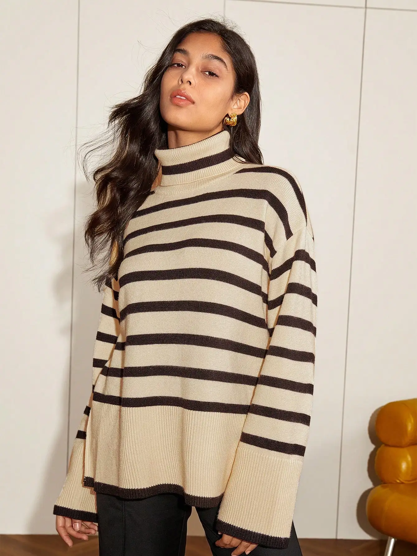 AEL Lady Striped turtleneck women's fall 2024 new loose design slouchy split top warm