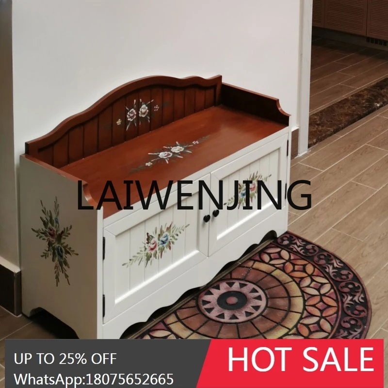 American-Style Solid Wood Shoe Changing Stool Sitting Shoe Cabinet at the Door Storage Organizer Painted Double Footstool