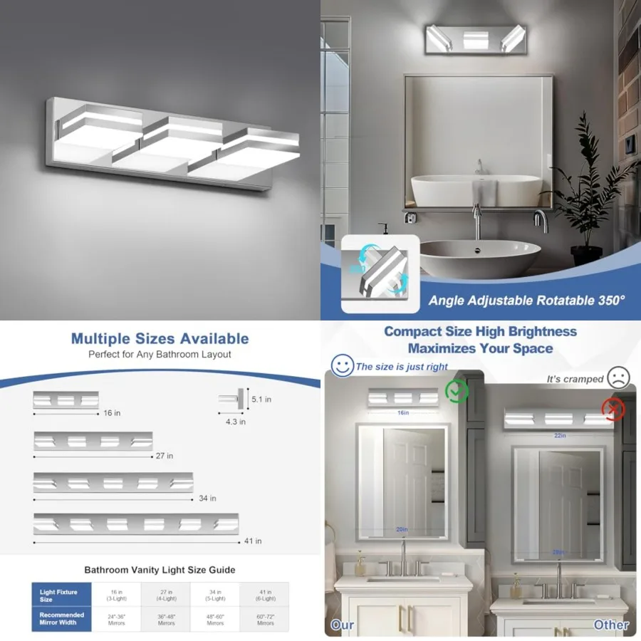 

Modern LED Small Bathroom Lights Fixtures 3-Light, Stainless Steel Acrylic Wall Lighting, Vanity Lights for Bathroom Over Mirro