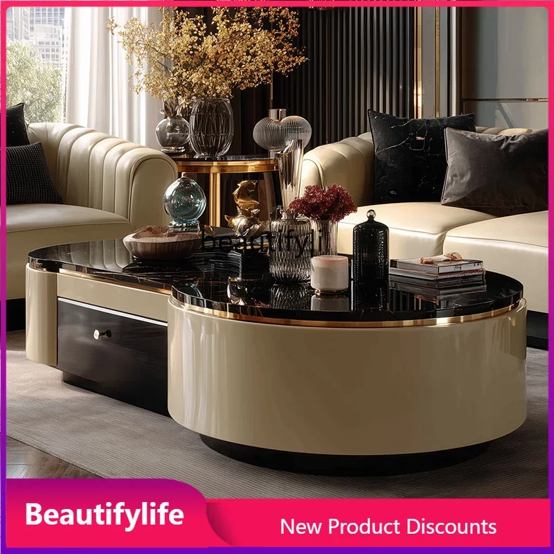 Light Luxury Round Coffee Table Set Living Room Large and Small Round Solid Wood Coffee Table Creative Super Crystal Stone