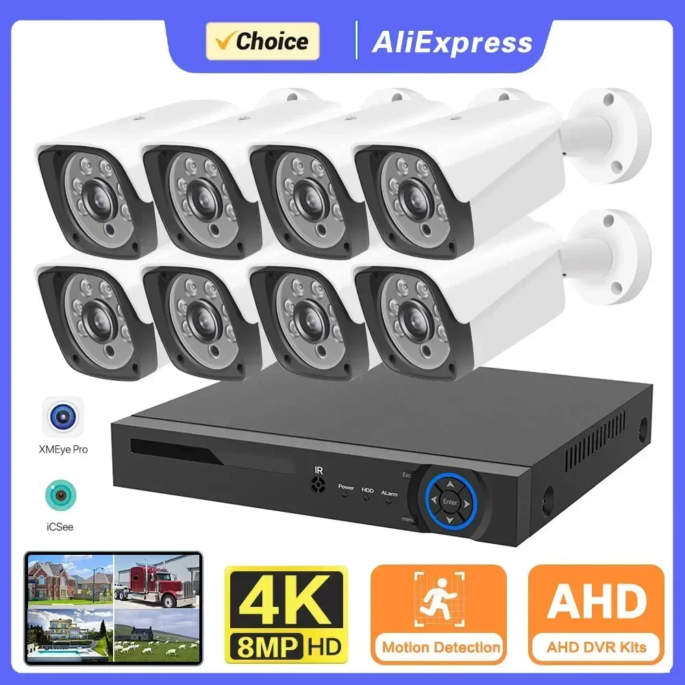 Overscam 4K CCTV 8CH Hybrid DVR Video Surveillance System 8MP AHD Camera Day & Night AHD Bullet Analog Camera Kit VGA Output