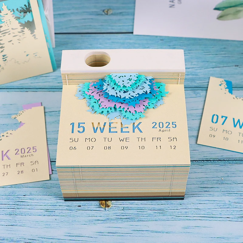 Notatnik 3D Notatnik papierowy Kalendarz 2025 Drzewo czterech pór roku z lekką dekoracją Notatnik papierowy Kostka z otworem na długopis Prezent