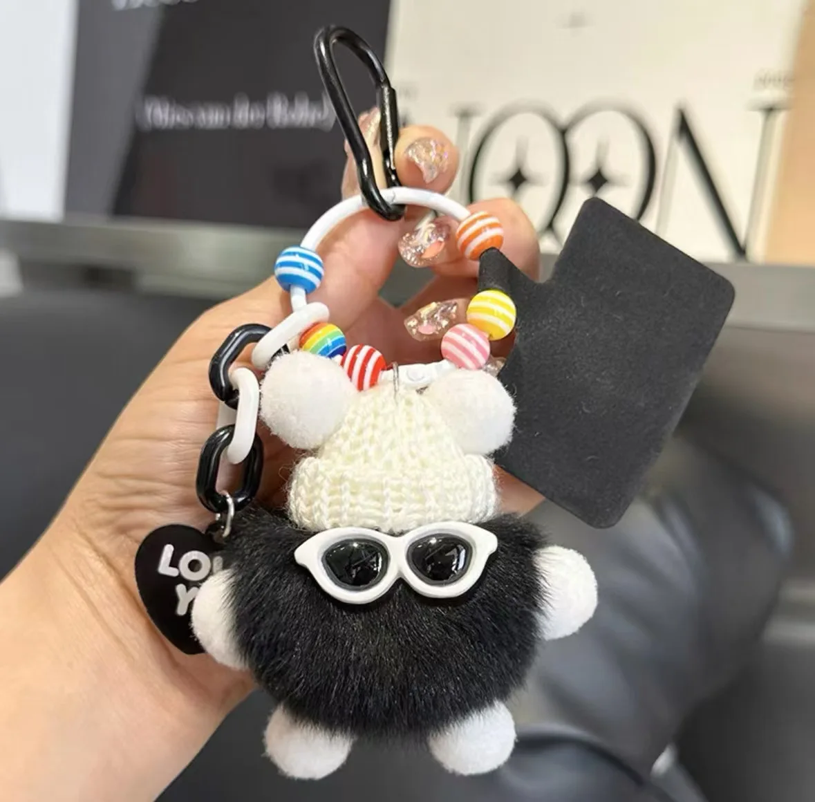 Delicate Cute Real Otter Rabbit Fur Small Black Ball Car Keychain Pendant Women's Plush Fashionable Bag Accessory Gift view 4