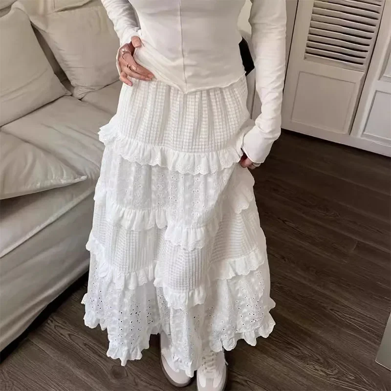 

2024 Spring Summer Women Elegant Pleated Skirts Female White Lace Skirts High Waist A-line Simple Cake Dress Multilayer Ruffles