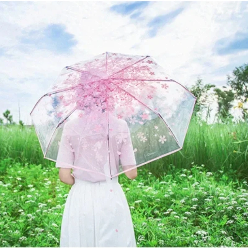 Modischer Sakura-Regenschirm mit frischen, transparenten Blütenblättern und 8 Knochen, vollautomatischer 3-fach-Reiseschirm für Mädchen, langlebig und robust