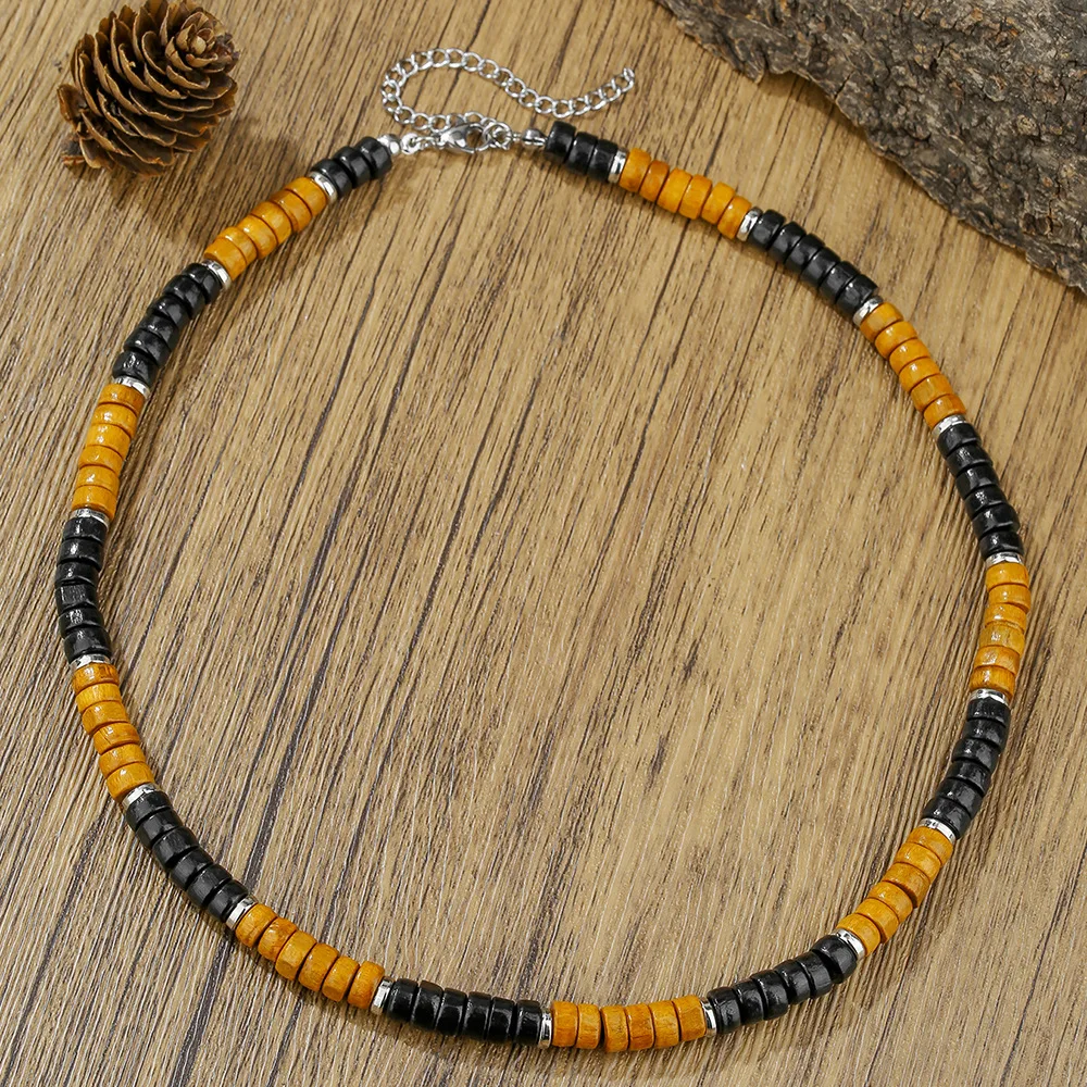 Vintage Herren Halskette aus schwarzen Holzperlen, Bohemian-Stil, Naturstein, Kokosnussschalen-Kette, modischer Schmuck, trendige Accessoires – Detail 2