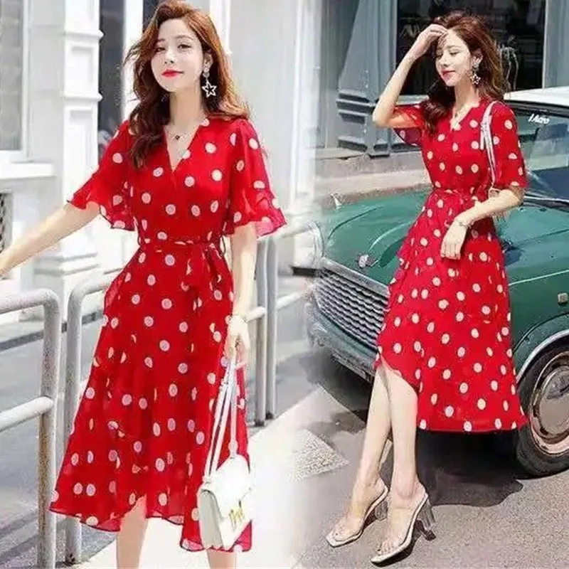 

2025 Female Fashion Polka Dot A-line Vestidos High Grade Women Leisure V Neck Maxi Dress Summer Ladies Short Sleeve Long Dresses