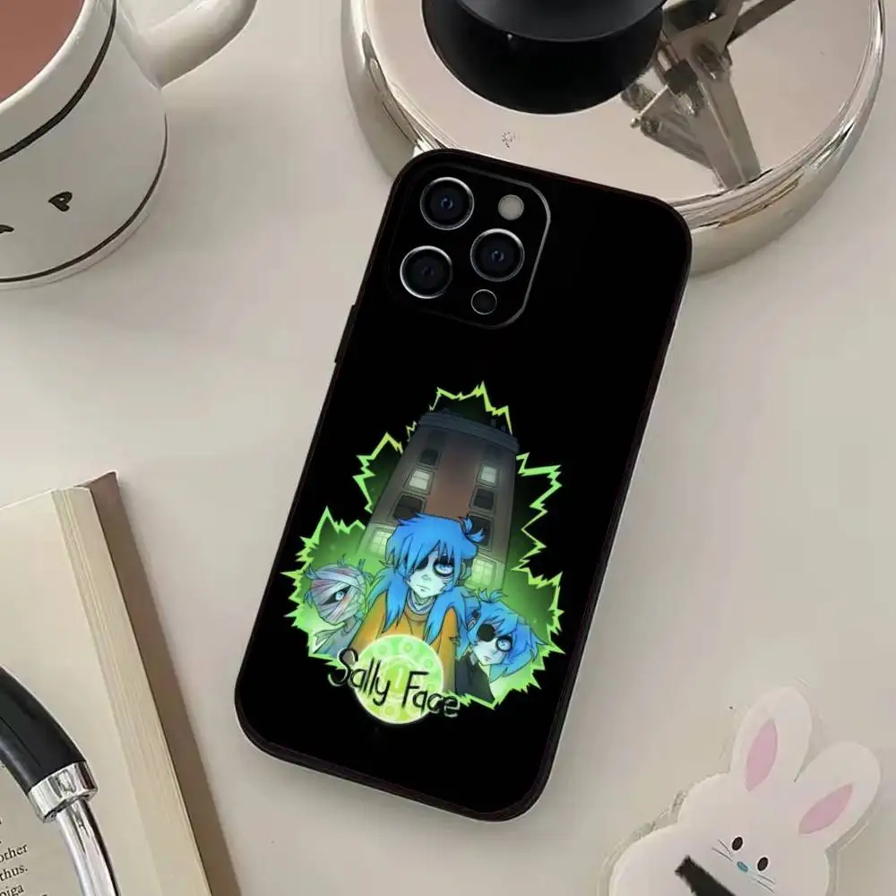 حافظة هاتف كارتون S-Sally Face SF لهاتف iPhone17,16,15,14,13,12,11 Plus، Pro Max غطاء أسود ناعم