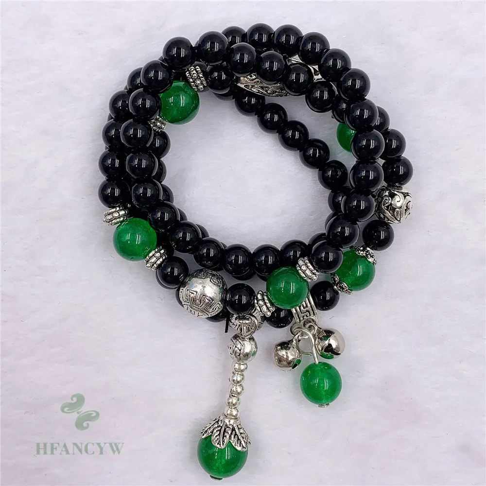 

6mm Black Agate Nepal Jade Pendant Necklace Bracelet Eco-Friendly Wrap Unisex Teens Handmade Trendy Prayer