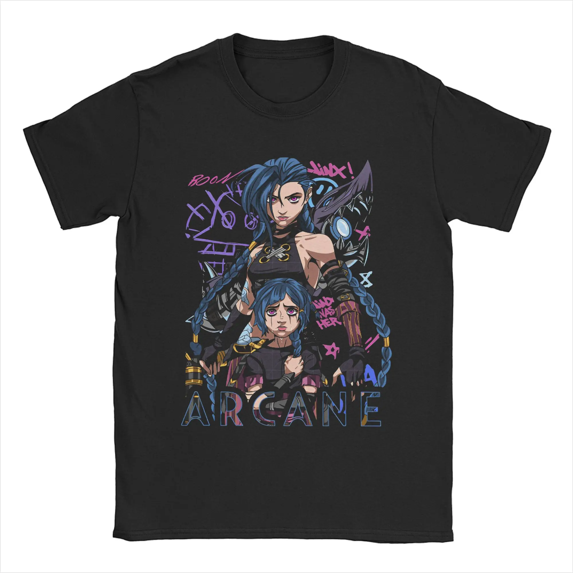 Arcane Season 2 Jinx Fishbones T Shirts Men's Cotton Humorous T-Shirt O Neck Monkey Graffiti Boom Tee Shirt Clothes Plus Size