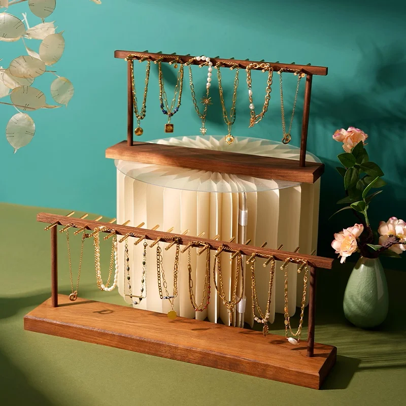 ウォールナット材のネックレス＆ビーズブレスレット用吊り下げディスプレイスタンド-プレミアムショップジュエリー什器-エレガントな収納オーガナイザー
