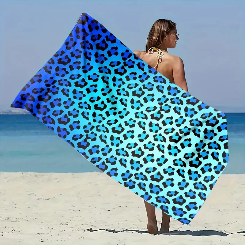 Blue Gradient Leopard Beach Towel Single Sided 2DPrint Soft Microfiber Absorbent Towel For Pool Beach Bath Time Bold Trendy Vibe