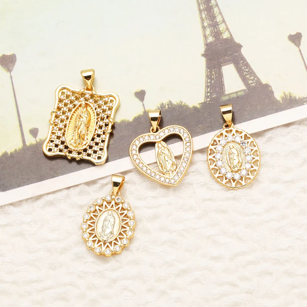 OCESRIO White Crystal Virgin Mary Oval Pendant for Necklace Copper Gold Plated Rectangle Heart Jewelry Making Supplies pdtb508