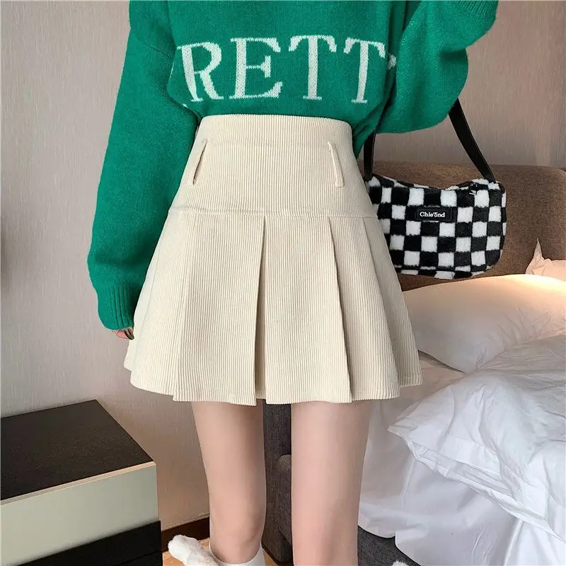 Winter Simplicity Pleated Solid Color High Waist Mini Dress Women Clothes Preppy Style Zipper Skirt Femme Casual Thick Pleats