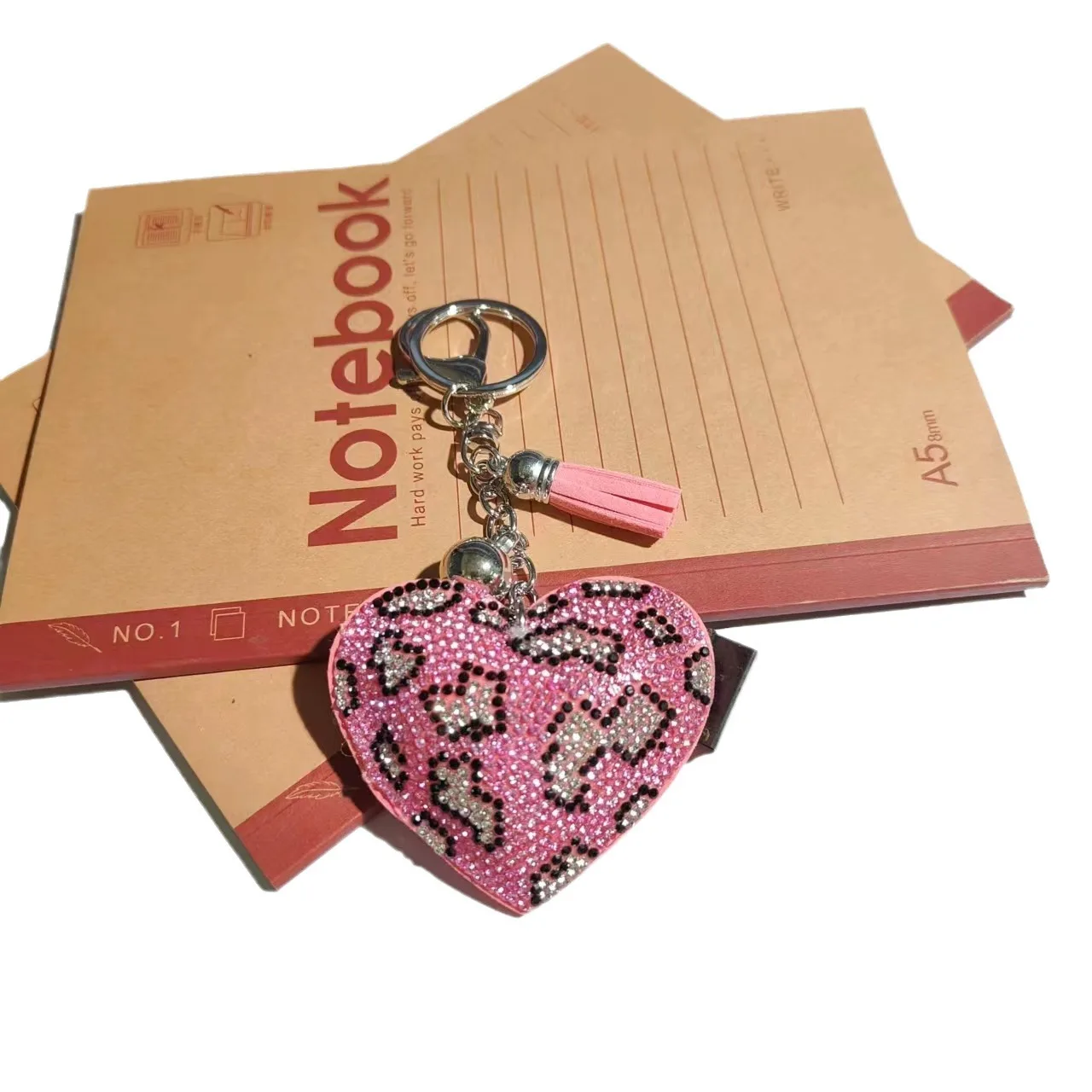 Peach Heart  Shape Leopard Spot Crystal Keychain Pendant WithTassell and Metal Keyring Wholesale Price Key Accessories