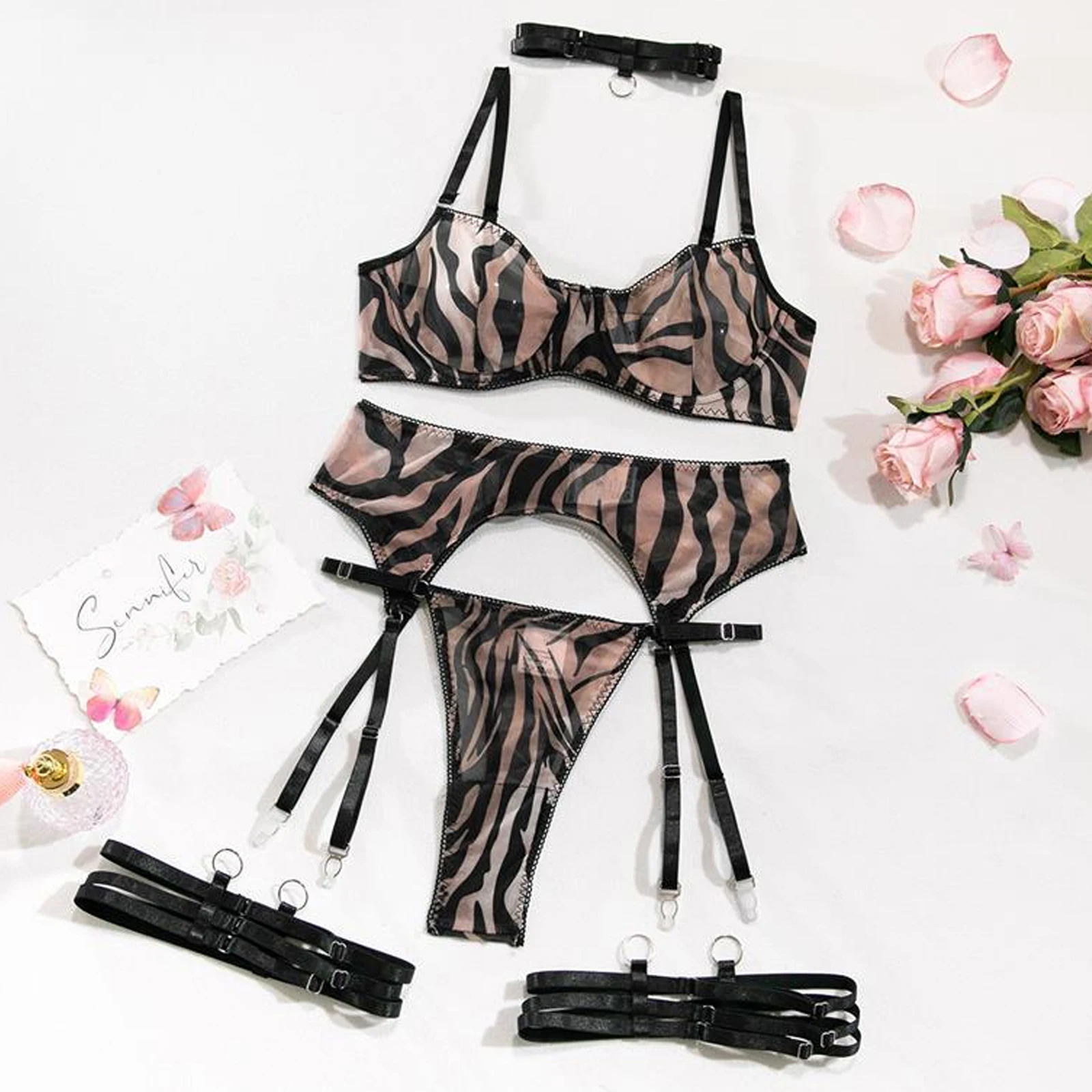 

Женский эротический комплект нижнего белья озорного цвета с рисунком зебры, бюстгальтер пуш-ап, стринги, пояс с подвязками, комплекты из 3 предметов