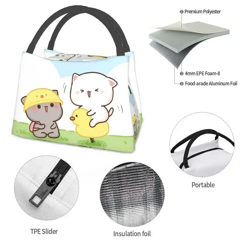 Custom Cartoon Mochi Cat Peach And Goma Lunch Bag Women Cooler Thermal Insulated Lunch Boxes for Office Travel