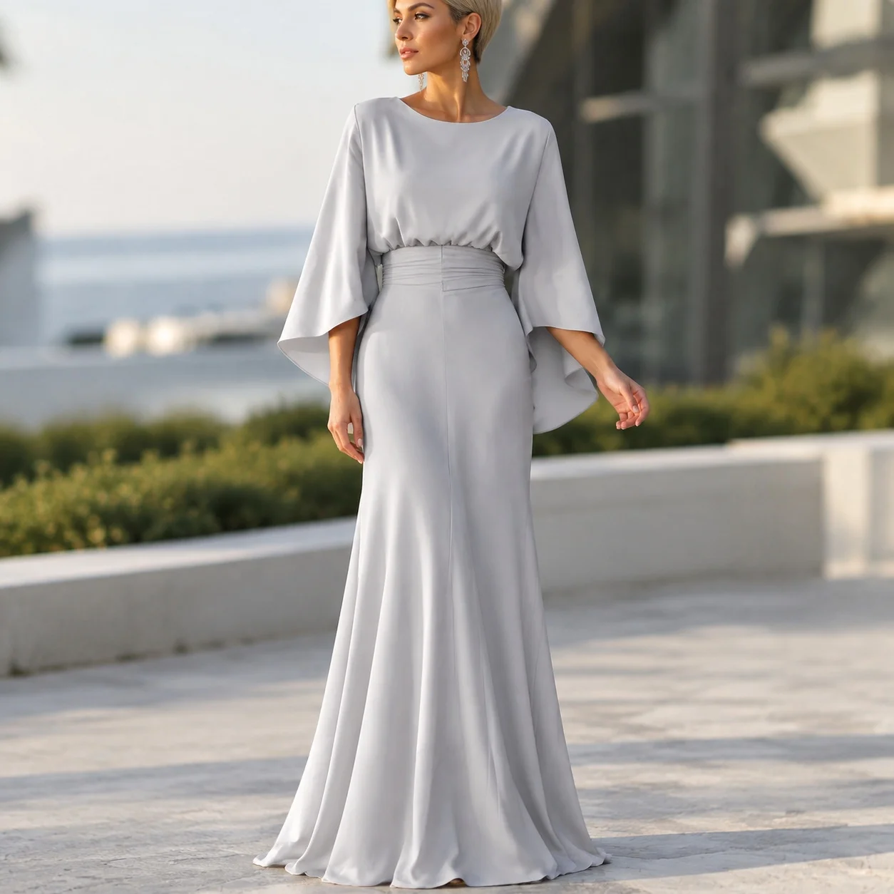 Pleated Dress Slim Fit Elegant with Batwing Sleeve Maxi Length a Line Long Dress Round Neck Spring Socialite Style for Women