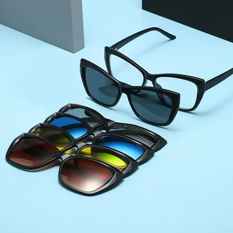 Xuka عين القط النساء الاستقطاب قصر النظر البصرية النظارات الشمسية مشبك مغناطيسي إطار نظارات 6 في 1 وصفة طبية مخصصة نظارات -0.5 ~-6.0 #5