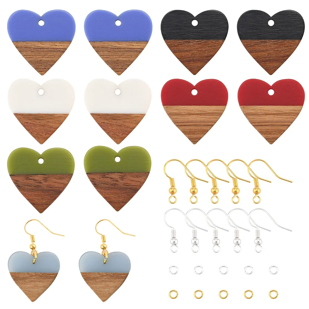 

DIY Dangle Earring Making Kits Including Resin Wood Pendants Brass Earring Hooks Jump Rings Heart Mixed Color