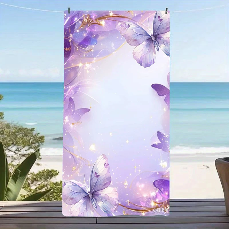 Toalla de playa de microfibra con diseño de mariposa morada, manta de baño con textura brillante de ensueño, toallas de piscina con diseño de insectos brillantes para niñas