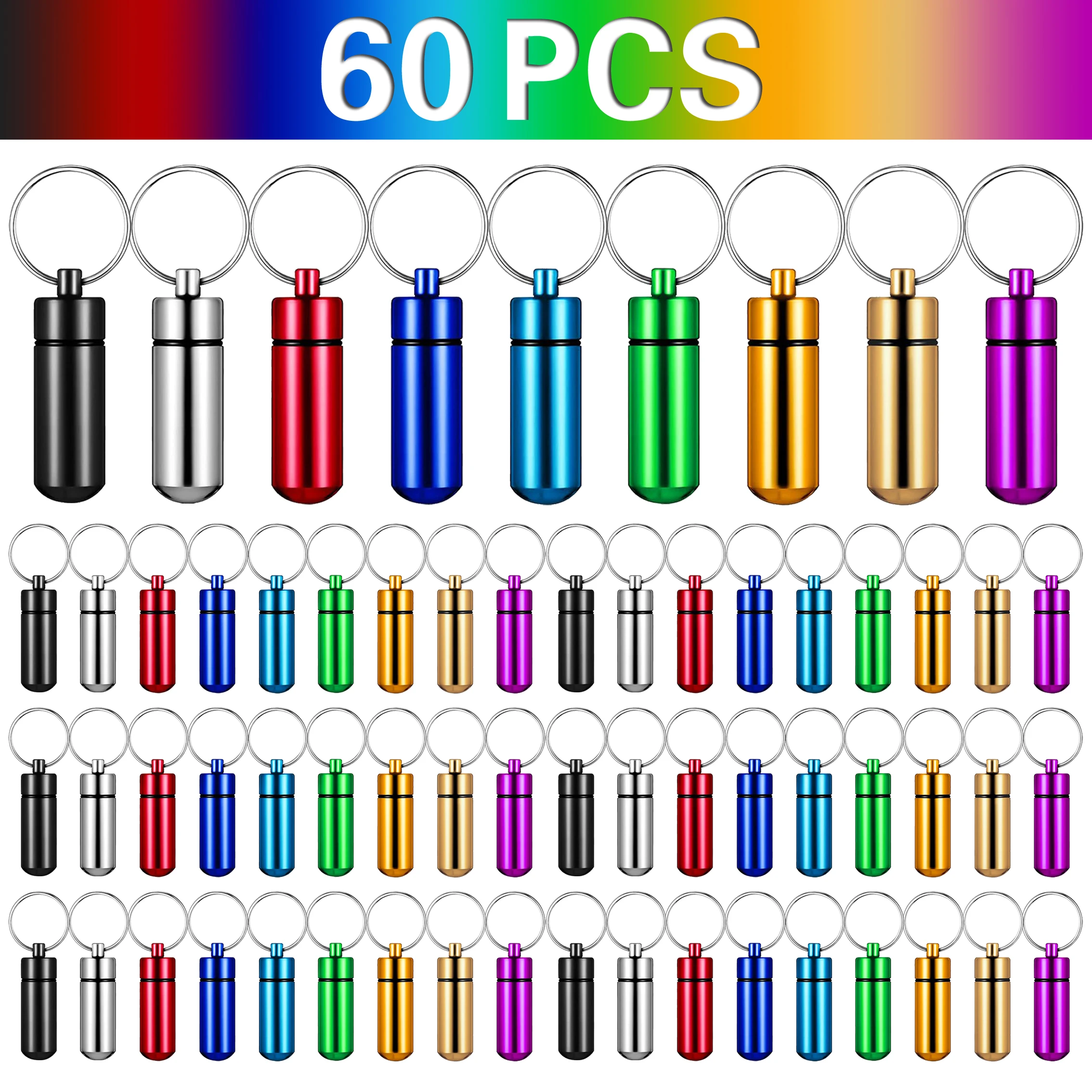 60Pcs Portable Pill Box Keychain Aluminium Alloy Mini Pill Organizer Travel Case Container Waterproof Metal Pill Holder