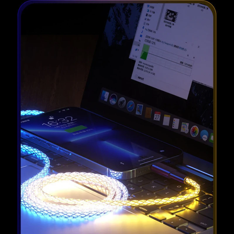 3 in 1 RGB USB Cable 66W 6A Fast Charging Charge Cable Type C PD 100W Corlorful Micro USB Glowing Cable for iPhone Huawei Xiaomi