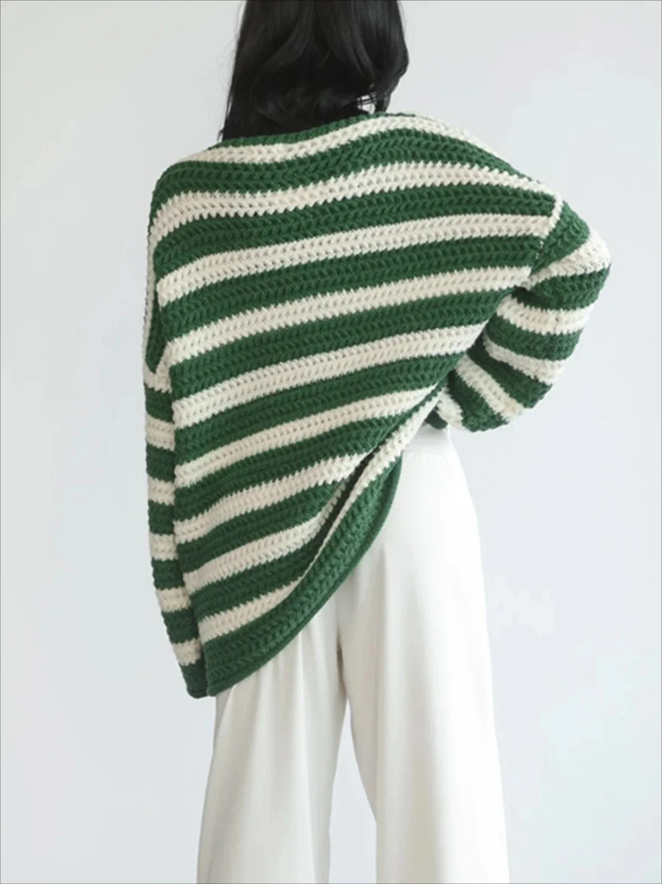 Loose Striped Contrast Stitching Knitted Pullover Sweaters Fashionable Korean Casual Long-sleeved Tops Oversized Sweater Women