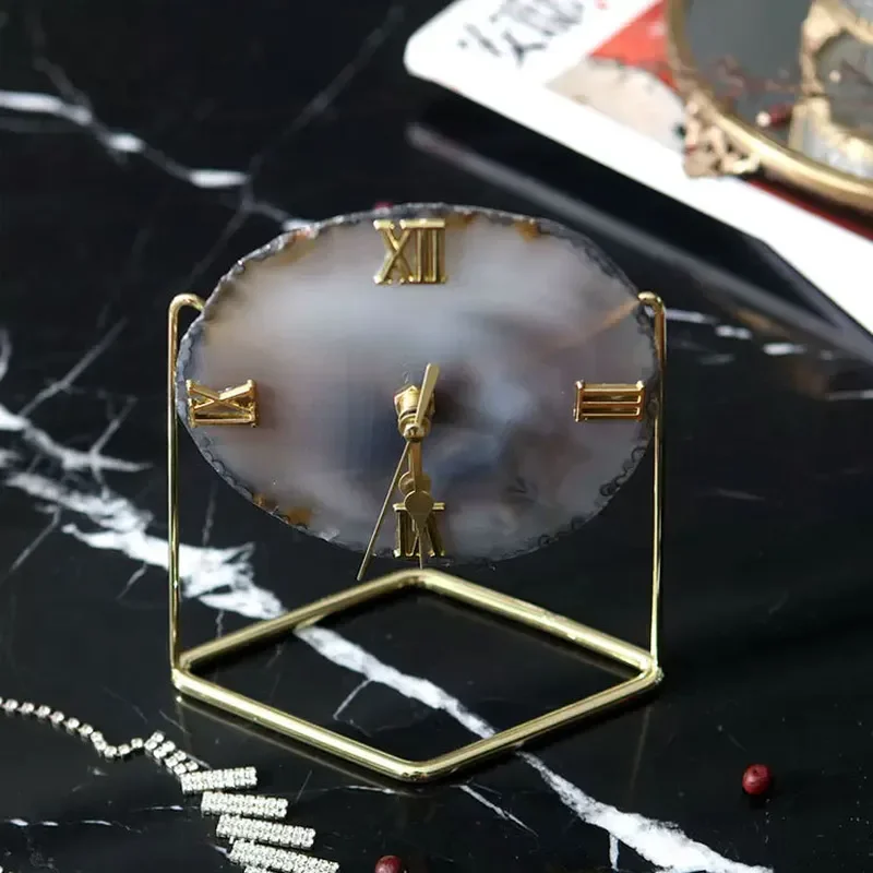 Modern Agate Stone Table Clock Minimalist Desk Ornament for Living Room Bedroom Study Home Decor Silent Non Ticking Accent