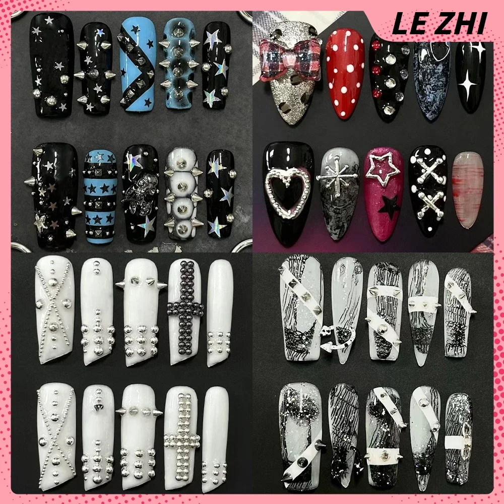 

Spice Girl Punk Handmade Duckbill Long Coffin Reusable Press On Nails Y2K Metal Rivets Steel Ball Diamond Flowers Bow Fake Nails