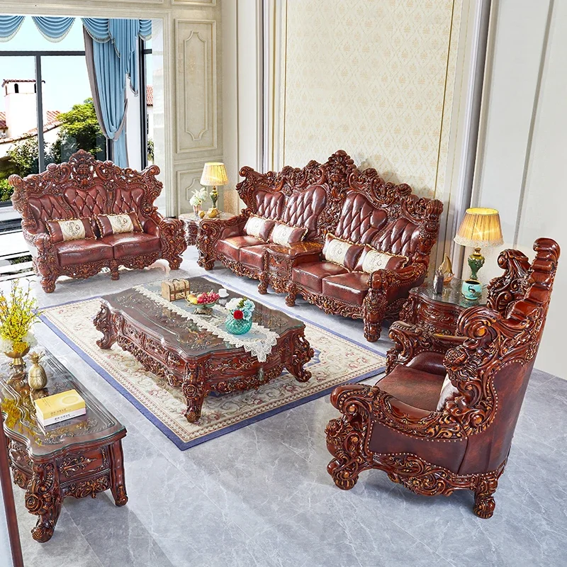 Premium European leather solid wood sofa combination living room luxury villa furniture set