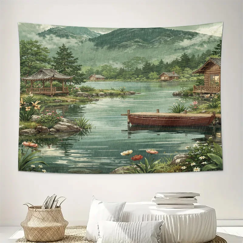 Serene Watercolor Chinese Landscape Tapestry Wall Hanging Decor Asian River Scene Traditional Mural Art for Home Living Room Dec