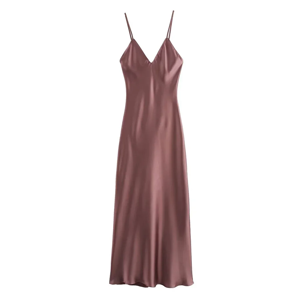 Easy Wearing Brown Pink Red Yellow Four Color V Neck Sleeveless Backless Zipper Women Silk Texture Solid Long Slip Dress