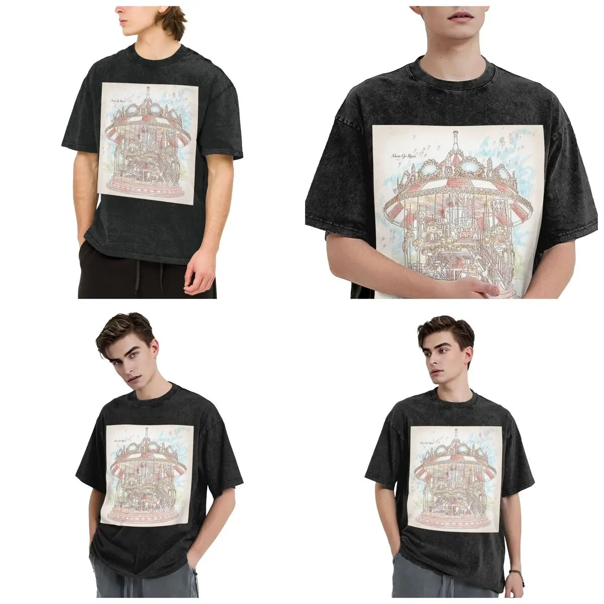 Streetwear T-Shirts Pastel Circus Carousel Washed T Shirt Short Sleeve Hip Hop T-Shirt Tops Tees for Men Women