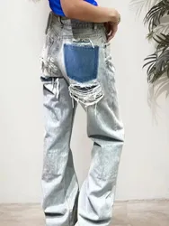HH Women Broken Holes Decorated Jeans Patchwork High Waist Trousers Denim Pant For Woman Vintage Fashion High Street Jeans