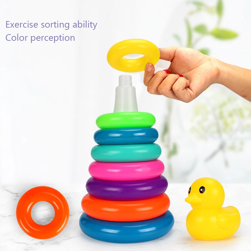 Bambini Little Yellow Duck Rainbow Tower Stacking Circle Baby Early Children Education Puzzle Ring Montessoris Toy Kids