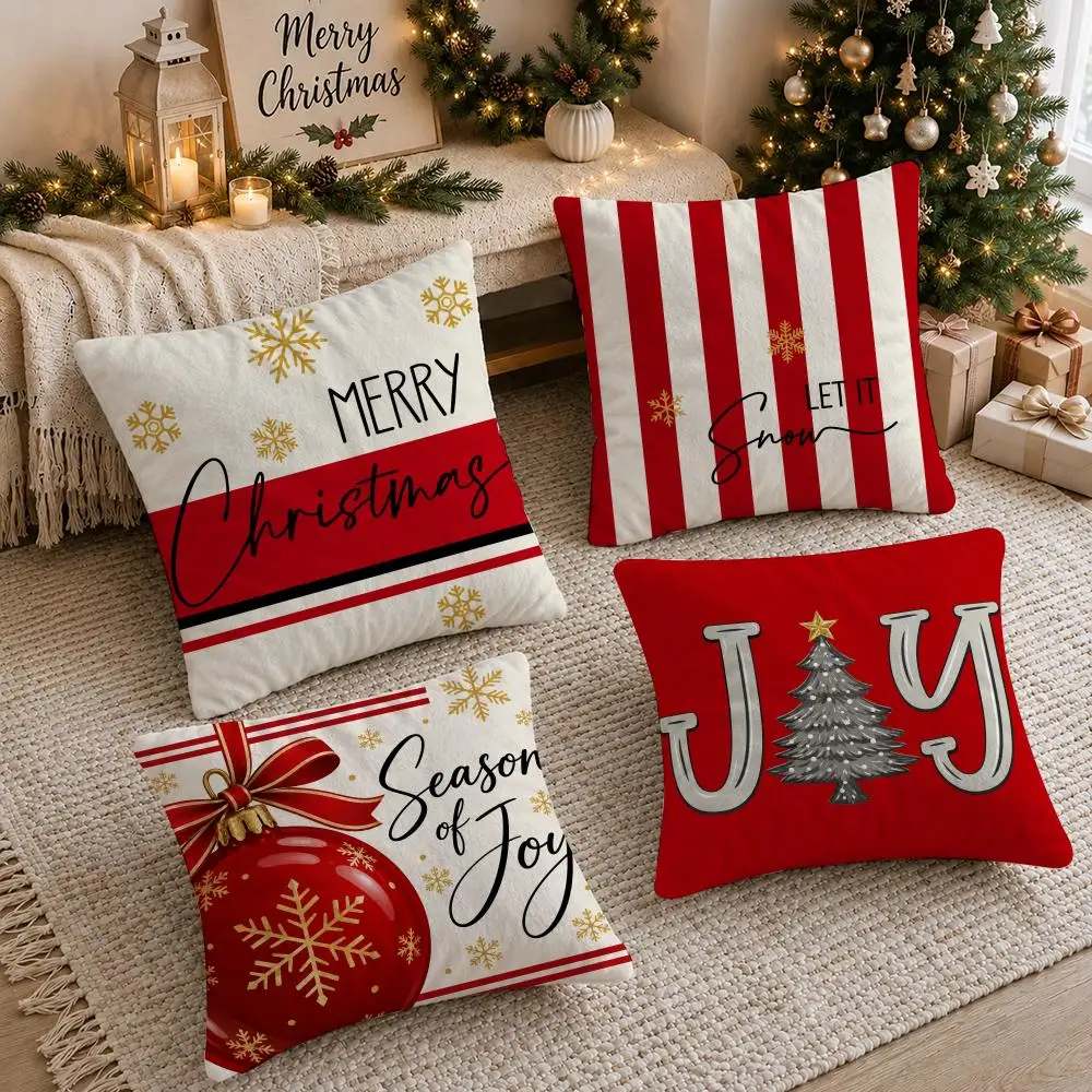 4PC Red & Gold Christmas Cushion Cover Soft Plush Double-Sided Print Pillow Case Home Decor for Sofa Living Room Gift