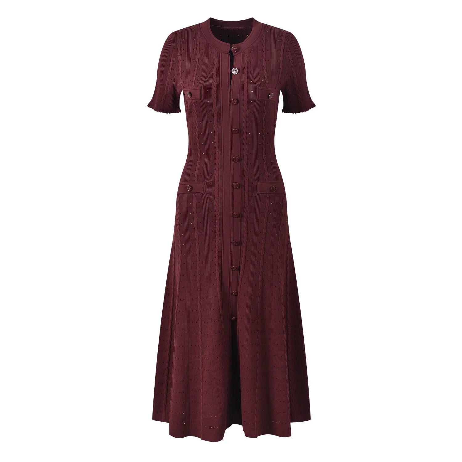 women short sleeve Round Neck Slim Fit Knitted Dress with Button front pleated midi office elegant cotton Long Dress