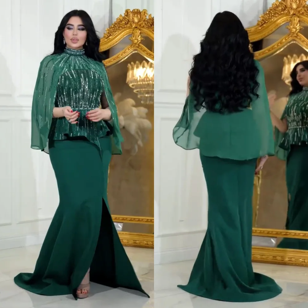 

Customized High Quality Jersey Sequined Pleat Trumpet High Collar Long Dresses Bespoke Occasion Exquisite Elegant