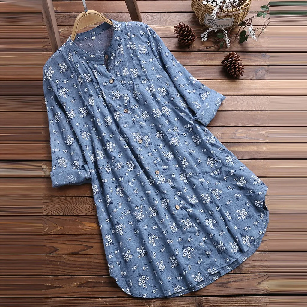 New Women Loose Long Sleeve Tunic Tops Casual Cotton Blouses Shirts Summer Autumn Elegant Floral Blouse Blusas Plus Size 5XL