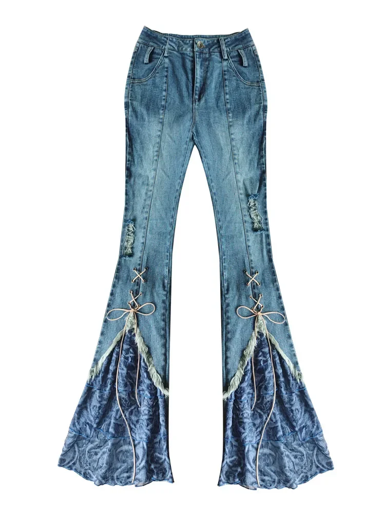 New Spring Autumn Streetwear Harajuku Punk Gothic Hot Girl Blue Bandage Stitching Denim Pants Fashion High Waist Slim Pant