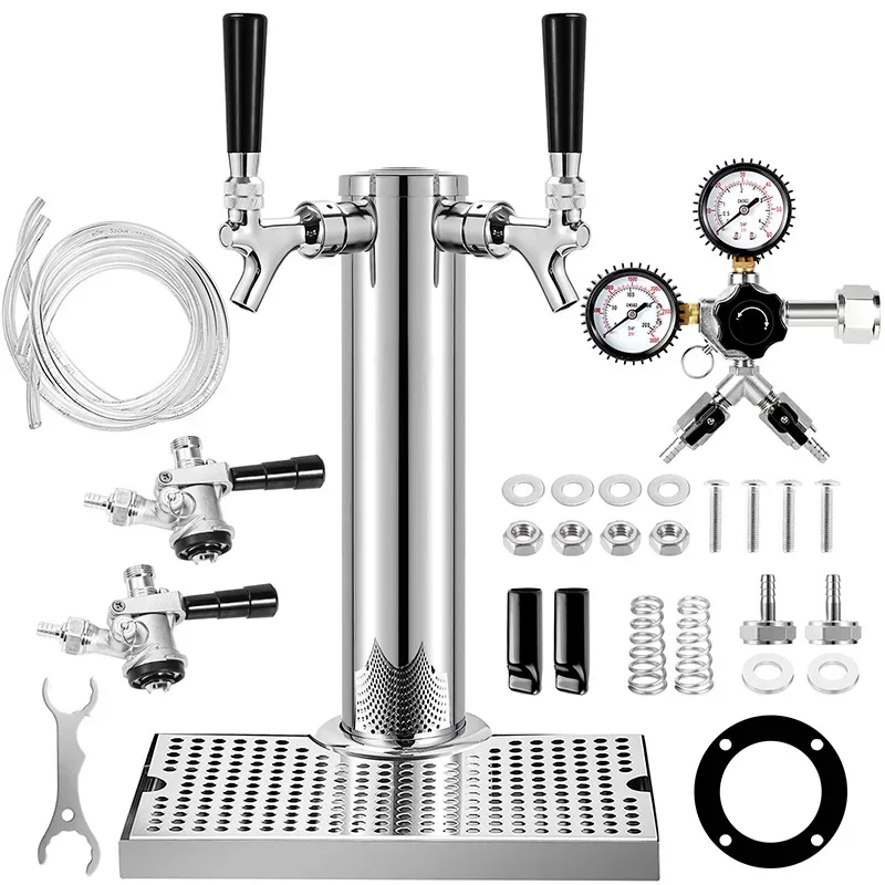 Dual-Faucet Beer Tower,Craft Beer Column Kit with Tap,Co2 Regulator,Keg Coupler and Drip Tray, Homebrew Bar Kegerator Dispenser