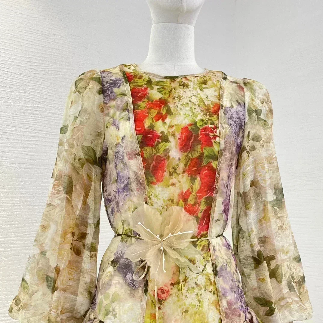 High Quality New Spring Summer 2023 Linen Silk Multi Floral Spliced Lantern Sleeve Appliques Belt Women Mini Dress