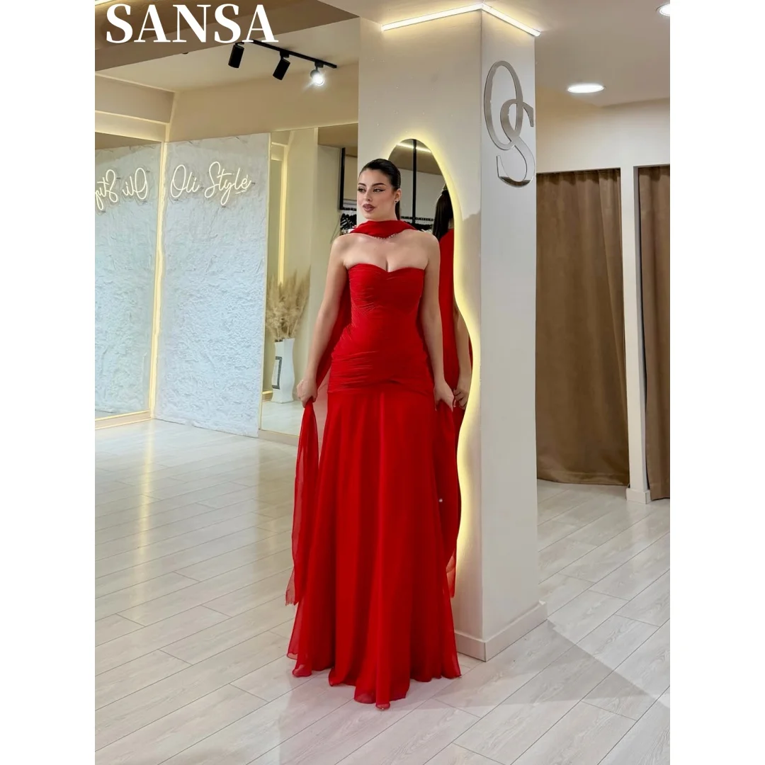 Vestido de noche formal rojo personalizado Sansa para mujer, sin tirantes, con fruncido, estilo sirena, con capa de gasa fluida y cuello desmontable.
