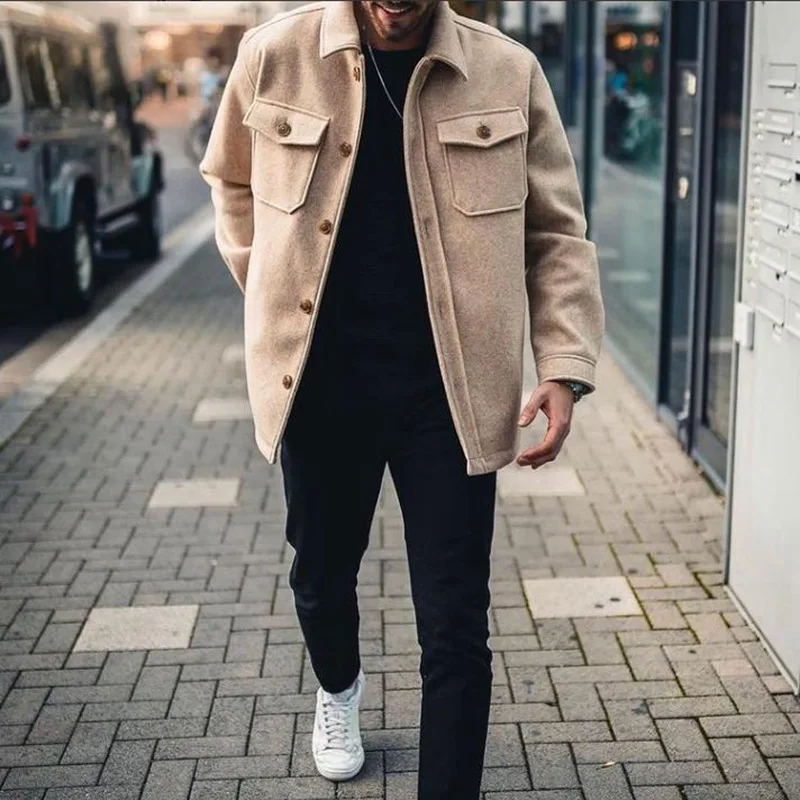 

Autumn Men Jackets Fashion Solid Long Sleeve Buttoned Turn-down Collar Coats Casual Mens Clothes Outerwear Male New Streetwear