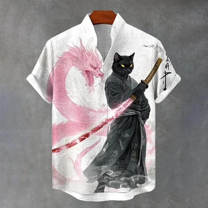 

Men's new summer fashion cool black cat swordsman printed short-sleeved shirt vintage trend style